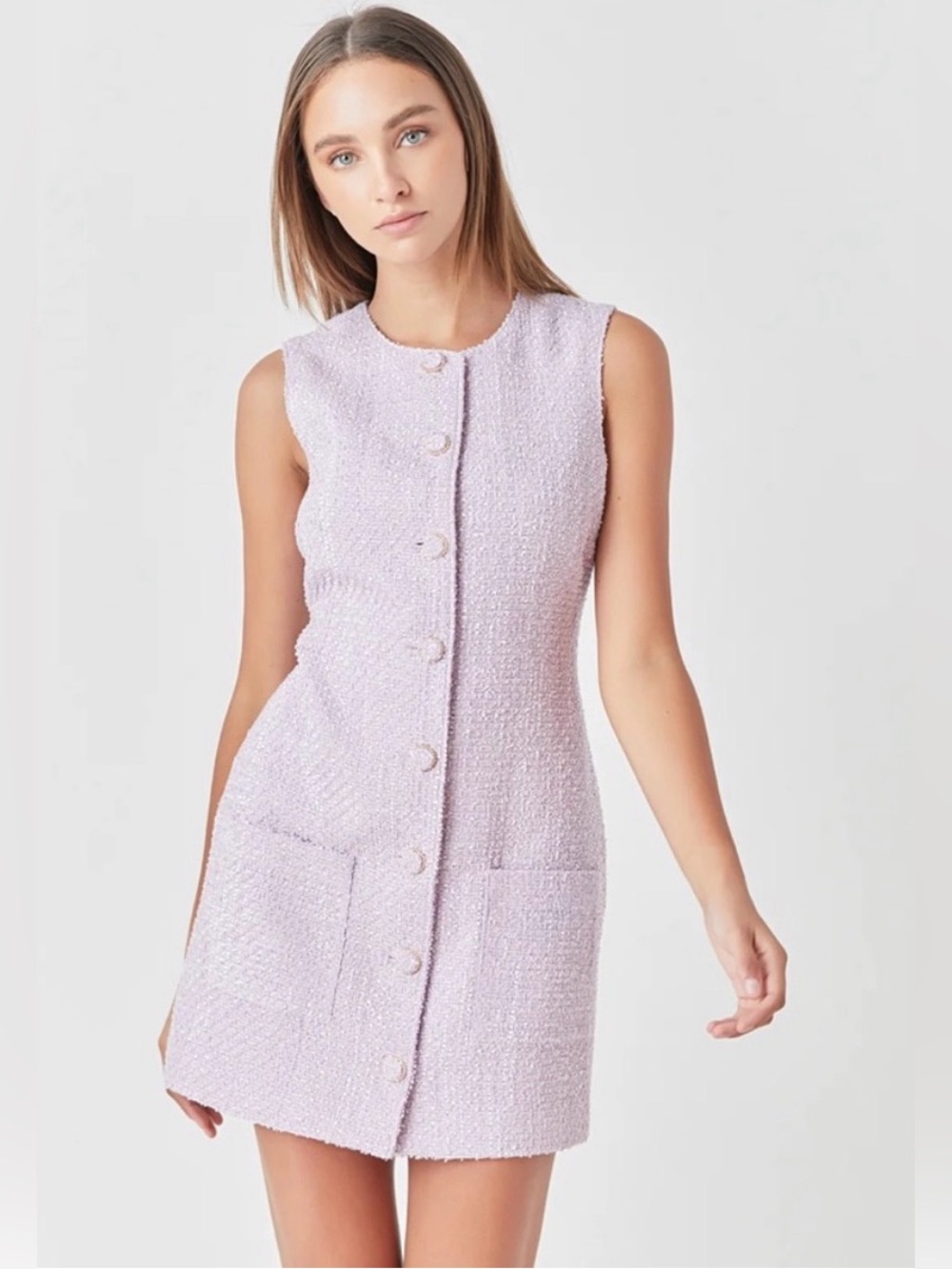 Endless Rose Lilac Tweed Button-Front Shift Dress Size XS Career Professional